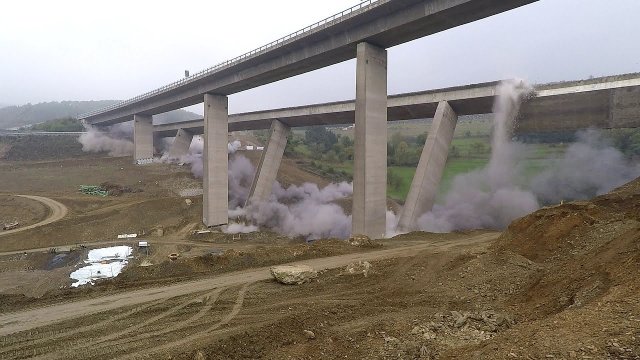 Controlled Demolition of 60 Meters High Pillars Of Highway Bridge