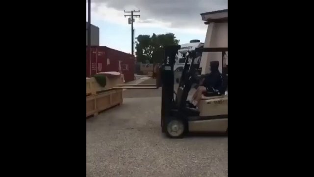 A kid in a forklift. What bad could happen?