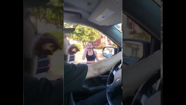 Karen Drives away with handle still in car- confronts guys following to warn her