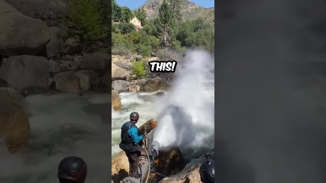 Kayaker throws log into high pressure water [VIDEO]