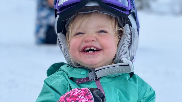 1-year-old Maeve is snowboarding