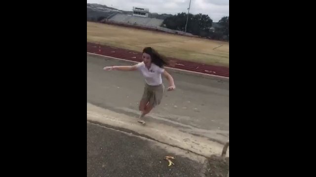 Vibes  banana peel thrown at girl she jumps over it and lands on it then slips [VIDEO]