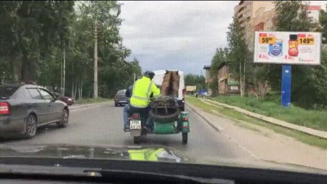 A bear riding in a motorcycle sidecar waving to people [VIDEO]