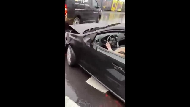 The woman tries to flee the scene of the accident and... causes another accident