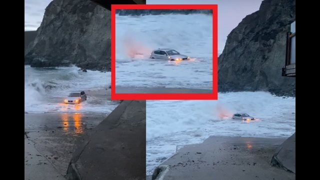 Large Waves Swallow SUV Stuck on Beach [VIDEO]