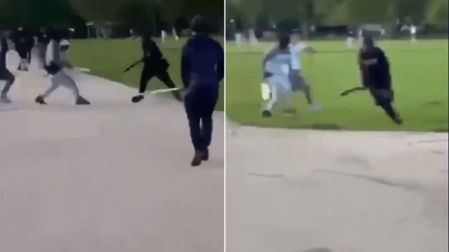 Terrifying moment man chased and stabbed by machete-wielding gang