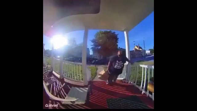 Older fat lady falls off porch when porch rail breaks