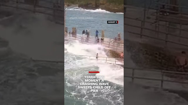 Terrifying moment a crashing wave sweeps child off pier [VIDEO]