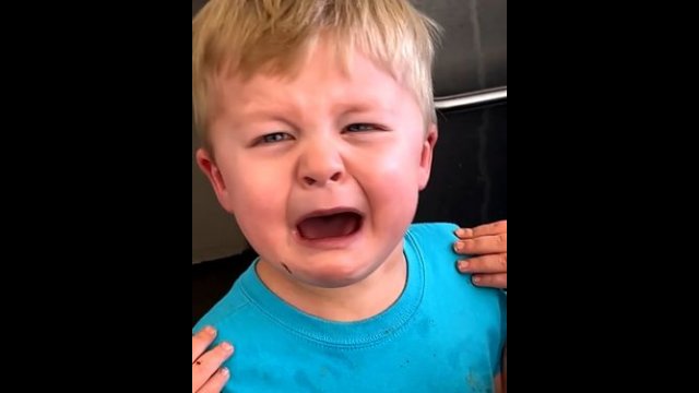 Kid silently crys over grasshopper on his shirt [VIDEO]