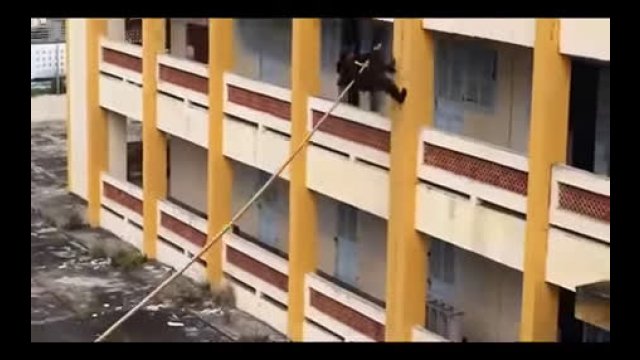 Vietnamese tactical team scale a 30ft wall using nothing but a wooden pole