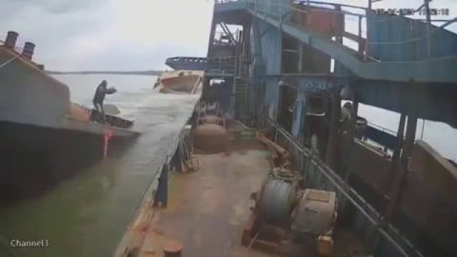 Overloaded river barge